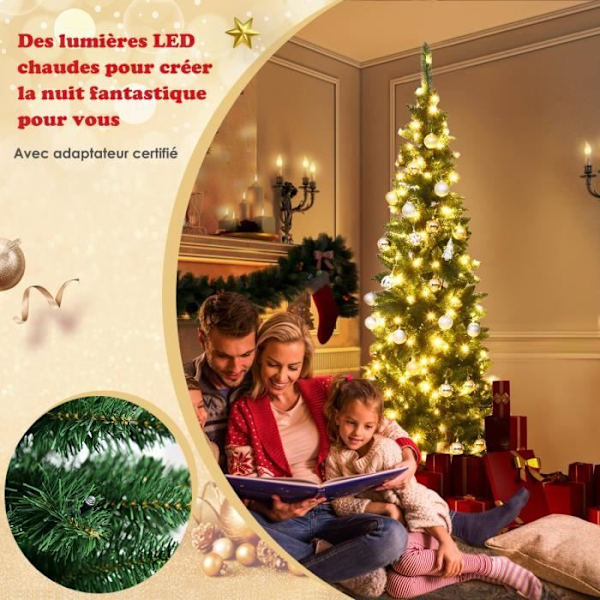 Konstgjord LED-julgran 225cm COSTWAY-350 Varmvita lampor-1085 Grenar PVC-nålar-hopfällbart metallstöd Grön