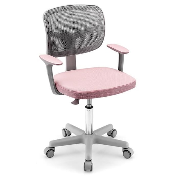 COSTWAY kontorstol til børn med hjul, lændestøtte, drejeligt sæde, justerbar højde 80 - 91,5 CM 3 -10 år Pink Rosa och grå