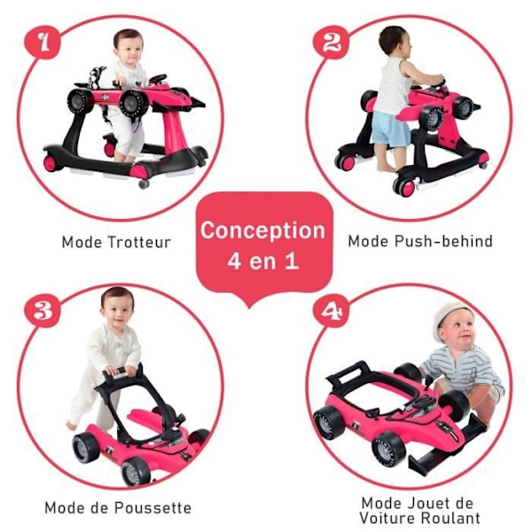 COSTWAY Musical kokoontaittuva Baby Walker 4 in 1 Auto Ulkonäkö Pusher säädettävä korkeus ja nopeus Kevyt ohjauspyörä vaaleanpunainen punainen rosa och rött