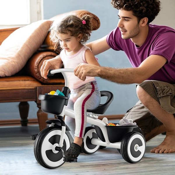 COSTWAY Tricycle til Børn med Pedal, Justerbart Sæde, Opbevaringskurve, Robust Kulstofstål, 4 EVA Hjul, 1,5 til 5 År Hvid