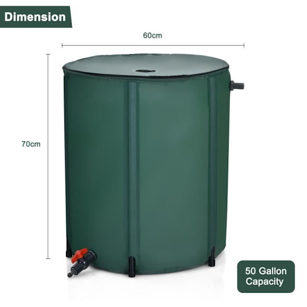 COSTWAY Foldbar Regnvandsopsamler 200L i PVC med Hanefilter 60x72CM til Vanding af Planter Grön