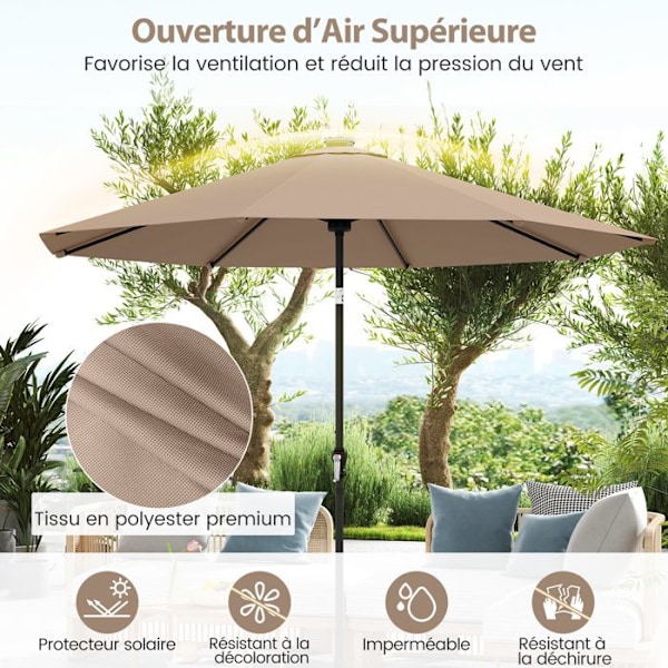 Parasol til Have 3M - 96 LED med 9 Tilstande - COSTWAY - Justerbar Lægning 35° - Solbeskyttelse - 8 Spidser til Terrasse Brun