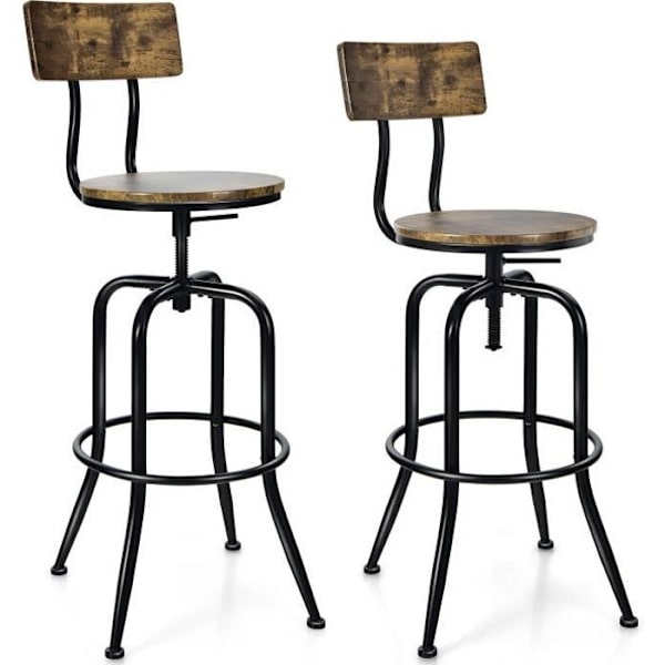 COSTWAY 2 barstolar, industriell stil, höjdjusterbar från 69 till 76 CM med ryggstöd och fotstöd, metallram