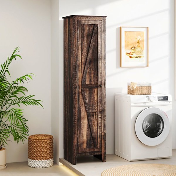 COSTWAY Badeværelsessøjle med 4 hylder og dør, til badeværelse, stue, 43 x 39,5 x 183 cm, Brun