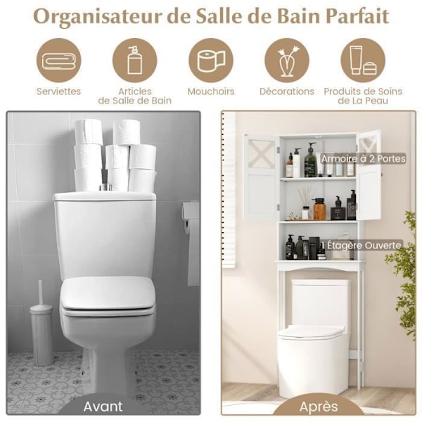 COSTWAY Toilet Messeskab Over Toiletterne Badeværelse Opbevaringshylde Højdejusterbar 2 Døre med Tempereret Glas Hvid
