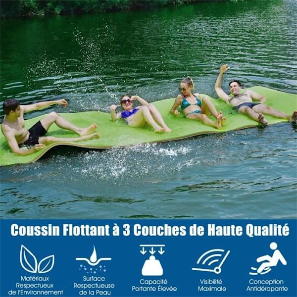 COSTWAY kelluva allasvesimatto 355 x 183 CM Heavy Duty XPE Foam kiinnityslaitteella ja solkihihnalla vihreä