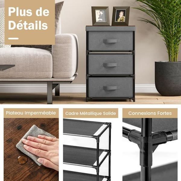 COSTWAY kommode med 3 stofskuffer 48 x 20 x 76 cm, med metalramme, opbevaringsskuffemøbler til soveværelse, industri, grå svart och grått