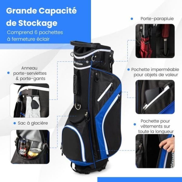 COSTWAY Golf Stand Bag - Regntät huva - 14 Way Top Dividers - 6 fickor - Kylarväska - Dubbel rem - Blå