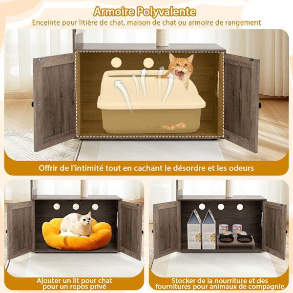 COSTWAY Moderne Cat Furniture i træ H 87,5 cm, Rum til Kattebakke, Kradsestang og Sisal Tæppe, Øverste Platform Grå och vit