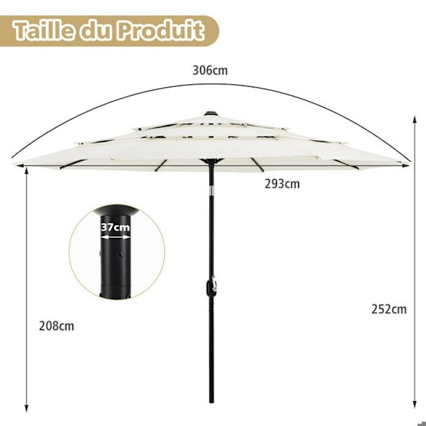 COSTWAY Skrå Parasol 3M 90°-135° i 3 Niveauer Dobbelt Ventileret Manuel Kurbadle, 8 Spidser Polyesterstof PA Belægning Beige
