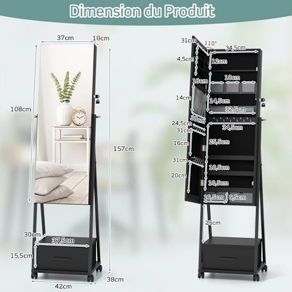 COSTWAY Rolling Jewelry Armoire - Fuldlængde spejl og skuffe - Fritstående smykkegarderobe med låsende dør - Sort Svart