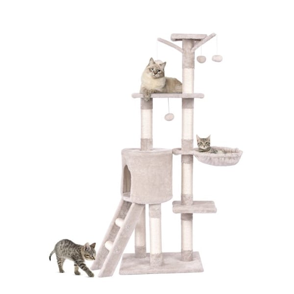 Multi-niveau katte træ 140 cm COSTWAY, sisal kløemøbler, condo, kurv, siddeplads, stige, pomponstang, hængende bolde Beige