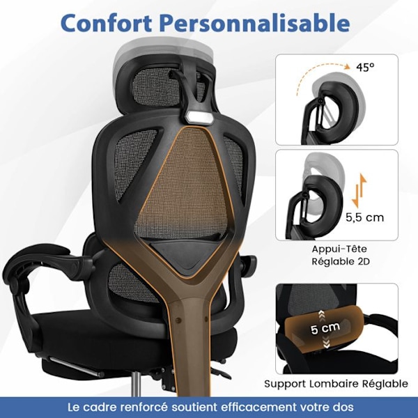 COSTWAY Ergonomisk Kontorstol - Høj Mesh Ryglæn med 135° Tilt, Retractable Fodstøtte, Justerbar Lændestøtte