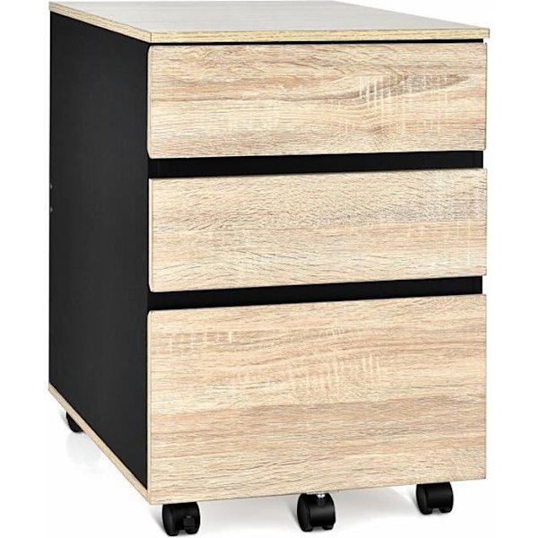 COSTWAY Kontor Skuffe Opbevaring med Hjul 3 Skuffer til A4-ark, Brev, Juridisk, Mapper og Dokumenter, 53x39x58cm Naturlig