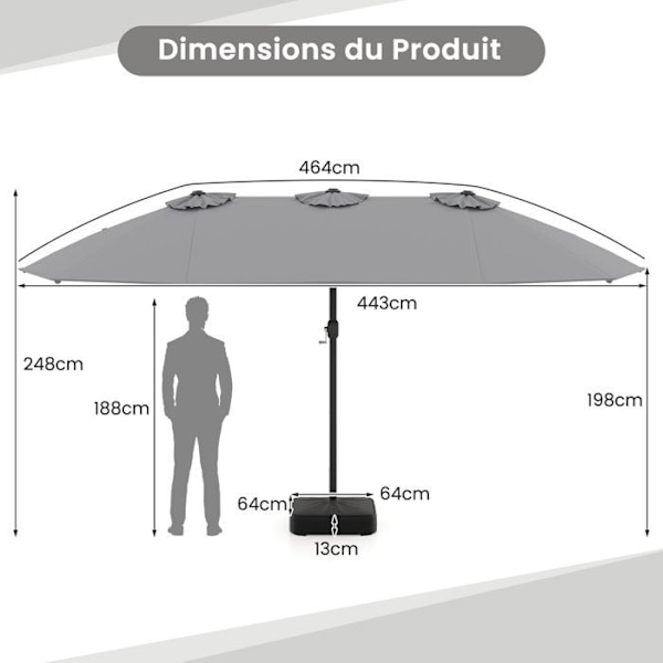 COSTWAY Dobbelt XXL Haveparasol 464x286x198cm - Inkl. Base 2 Sandsække - Anti UV 12 Spidser - Rektangulær Håndsving Grå