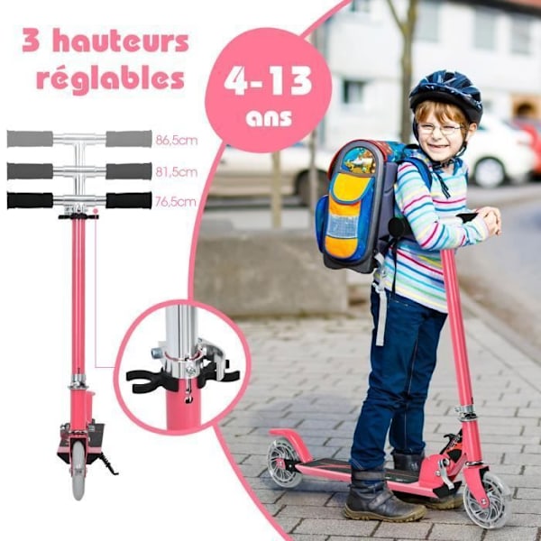 COSTWAY hopfällbar barnskoter 2 blinkande LED-hjul Justerbar höjd Max belastning 70 kg Barn från 4 till 15 år Scooter Rosa