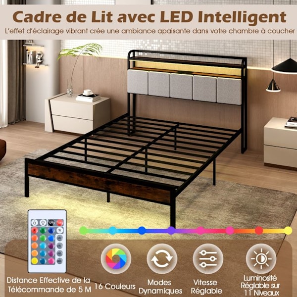 Lys Plattform 140 x 200 cm COSTWAY, LED-belysning, Opladningsstation, Polstret Hovedgærde i Linned med 2-niveau Opbevaring Rustik kastanjebruna och svart och 