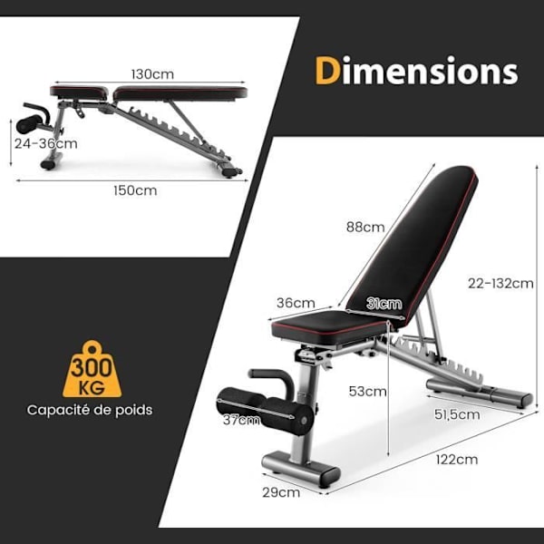 COSTWAY Magviktsbänk Lutande ryggstöd 10 positioner, 3 sitspositioner och 5 benpositioner med 2 hjul 300KG Svart