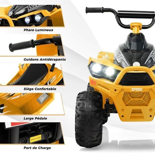 COSTWAY Electric Quad lapsille 12V7Ah, LED, Musiikki, Torvi, Leveät pyörät, Lapsille 3-8 V., 96 x 58 x 70 cm, Keltainen