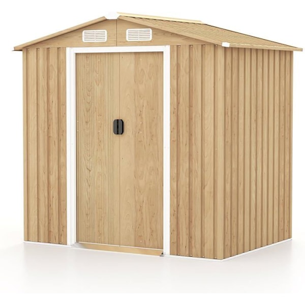 COSTWAY Metal Skur i Galvaniseret Stål 5,18 m3 196 x 142 x 186cm - Skydedøre, Rampe - 4 Ventilation - Farve Træmønster