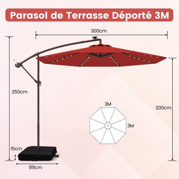 COSTWAY Parasol Déporté 3M med 40 LED-lampor Solpanel 6 timmar, Korsbas Sandsäck UV 20+ Polyester Röd
