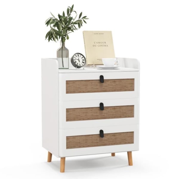 COSTWAY Sengebord med 3 Skuffer i Rattan, Moderne Sidebord, til Soveværelse, Stue, 60 x 40 x 75 cm Hvid