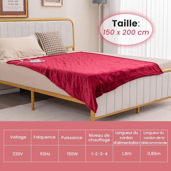 COSTWAY varmetæppe 150x200cm 4 varmeniveauer Automatisk afbrydelse 8H fjernbetjeningstimer i vaskbar flannelrød