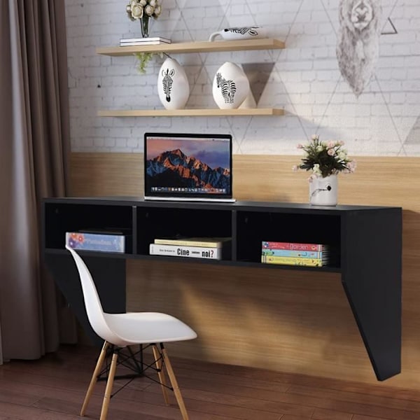 COSTWAY Väggmonterat skrivbord med 3 förvaringshyllor 108 x 53 x 52 CM Bord för, arbetsrum, kök, bar, etc. Svart Svart