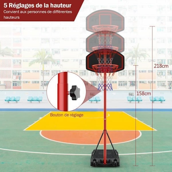 COSTWAY Kids Fristående Basketbåge Justerbar höjd 158-218 cm Rörliga hjul Nylon Nettyngd Base Point System