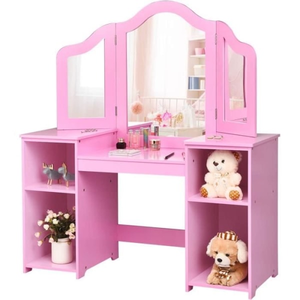COSTWAY 2-i-1 sminkbord för barn med löstagbar spegel, barnskrivbord med 4 hyllor i prinsessstil för flickor, rosa
