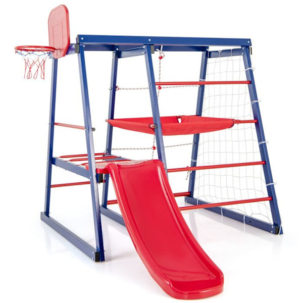 COSTWAY Spillestation 7 i 1 til Børn 3 - 7 År, 150 x 142 x 146 CM med Rutsjebane, Basketballkurv, Klatresystem