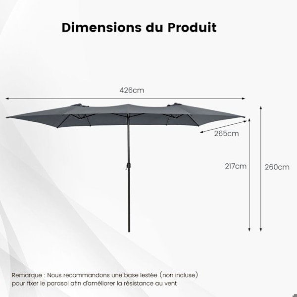 COSTWAY Parasol Dobbelt Have XXL 426 x 260 CM, med 10 ribber Metalramme Håndtag Med Gears Ventileret Top til Have Balkon, Grå