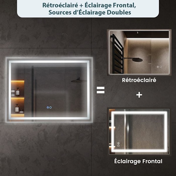 COSTWAY 80 x 60 cm Badrumsspegel, 3000-6000k - 3 färger, Minnesfunktion, Touch Switch, Anti-Imma funktion Pengar