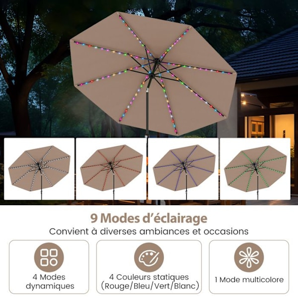 Parasol til Have 3M - 96 LED med 9 Tilstande - COSTWAY - Justerbar Lægning 35° - Solbeskyttelse - 8 Spidser til Terrasse Brun
