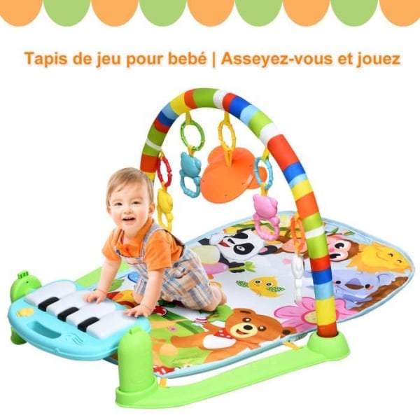 COSTWAY Evolving Activity Mat med musik Piano Pedal Effect Lights Lekmatta, 4 hängande leksaker och 1 spegel för baby