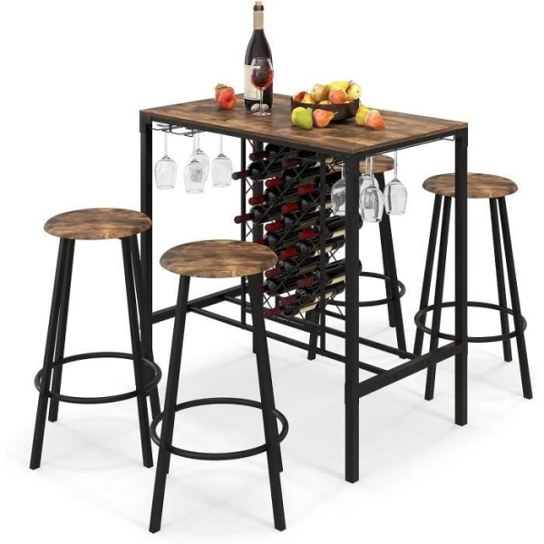 COSTWAY industriellt barbord med 4 pallar, högt barbord med glashållare och flaskställ under bordet