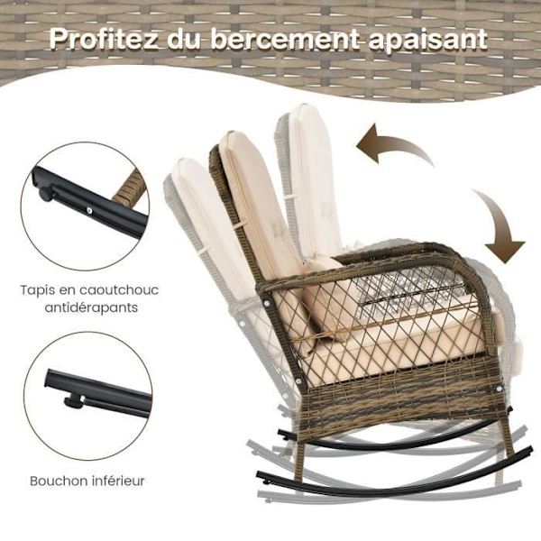 COSTWAY havemøbler, 2 PE rattan gyngestole og 1 hærdet glas sofabord, hynder inkluderet Blandat brunt, beige