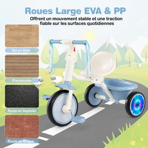 Sammenklappelig Udviklingsvenlig Tricycle til Børn 3-5 År COSTWAY, Lysende Hjul uden Batterier, Justerbart Sæde i 3 Positioner, Opbevaringskurv, Blå Blå