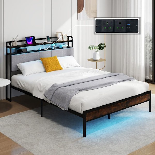 Lys Plattform 140 x 200 cm COSTWAY, LED-belysning, Opladningsstation, Polstret Hovedgærde i Linned med 2-niveau Opbevaring Rustik kastanjebruna och svart och 