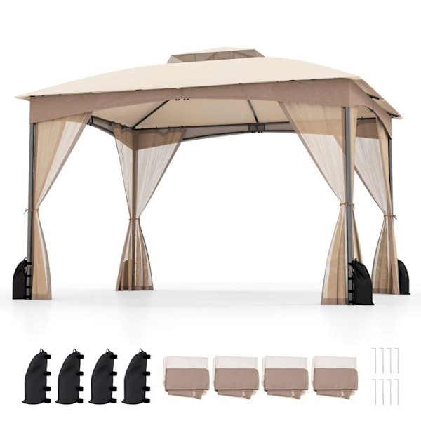 COSTWAY Trädgårdspaviljong 300 x 365 cm med Nätväggar - Vattentät Gazebo med Dubbel Tak för Terrass Mottagning Kaki