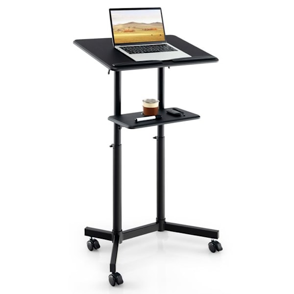 COSTWAY Litet rullande stående skrivbord för bärbar dator, justerbar höjd 104,5-128,5 cm, tippbar topp, svart för klassrummet