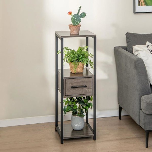 COSTWAY 3-vånings fyrkantigt växtställ med 1 låda, 2 tippskydd, metallhylla för blommor för balkong, vardagsrumskontor Färg: Grå och svart