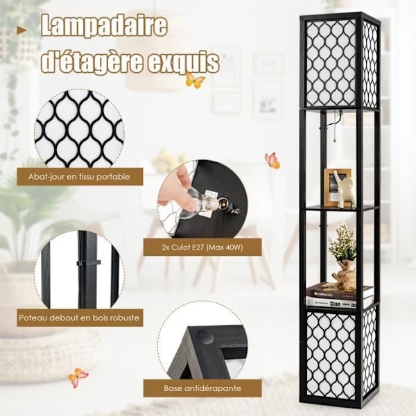 COSTWAY Vardagsrumsgolvlampa 1,56M med 2 förvaringshyllor Skandinavisk design Dubbelströmbrytare 40W i trä