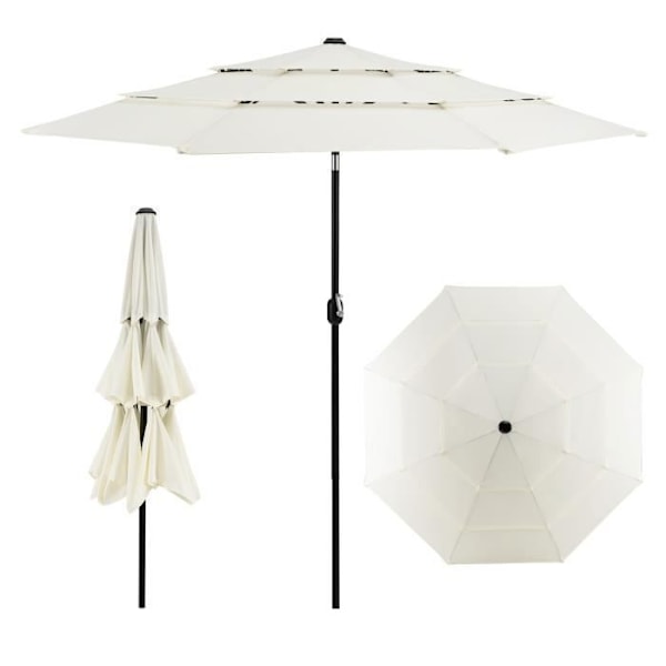 COSTWAY Skrå Parasol 3M 90°-135° i 3 Niveauer Dobbelt Ventileret Manuel Kurbadle, 8 Spidser Polyesterstof PA Belægning Beige