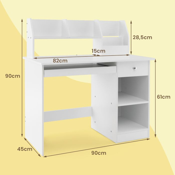 COSTWAY skrivbord för barn och tonåringar, med nisch, tangentbordsbricka, låda, förvaringshyllor, skrivbordshöjd 61 cm
