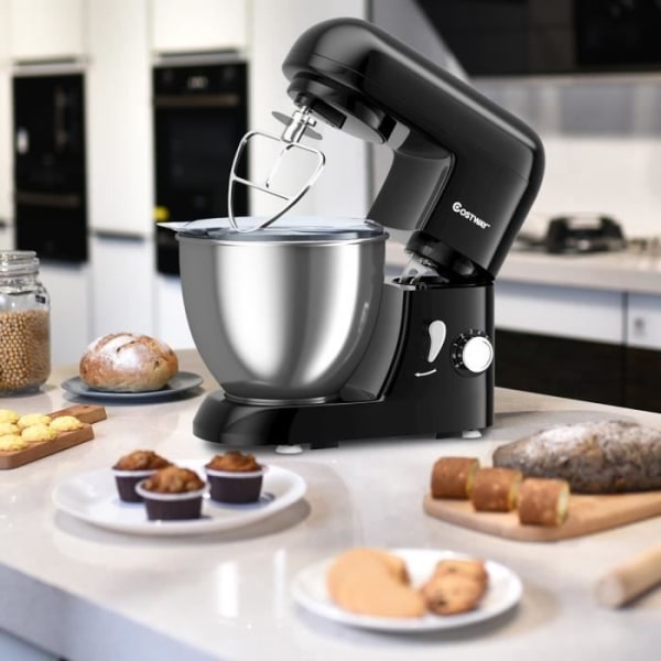 COSTWAY elektrisk standmixer med skål i rustfrit stål 4L 1300W ved 6 justerbare hastigheder med piskeris, piskeris, krog sort