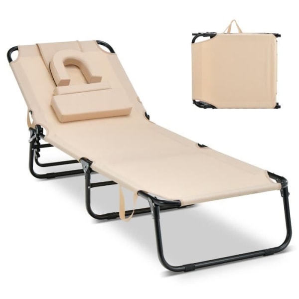 COSTWAY 5-positions justerbar fällbar loungestol med nackstöd och ansiktshåla, för uteplats, camping, 160 kg, beige Beige