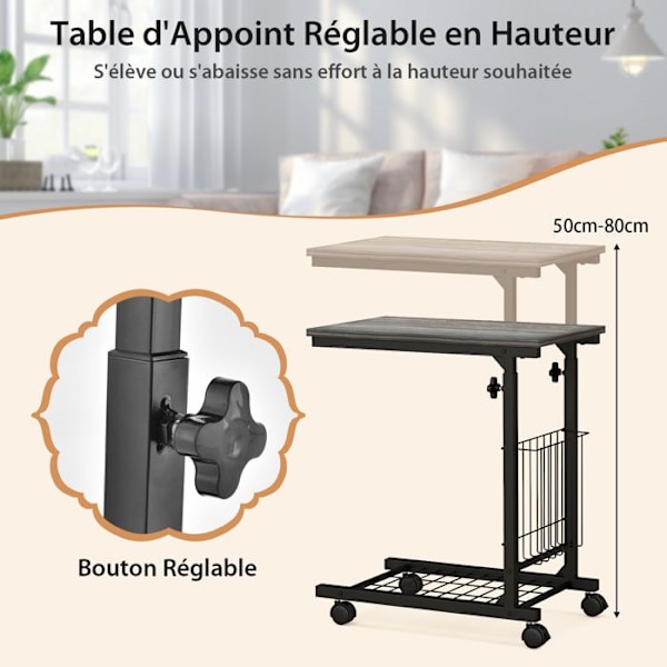 COSTWAY Skrivbord i C-form, Höjdjusterbar 58-80 cm, med Förvaringskorg, för Bärbar Dator, Grå