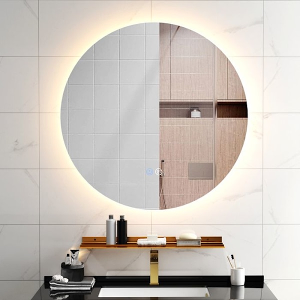 COSTWAY LED badrumsspegel Ø60 cm, 3000-6000k, Justerbar ljusstyrka, Touch, Minnesfunktion, Lagringsstöd Silver + Brons