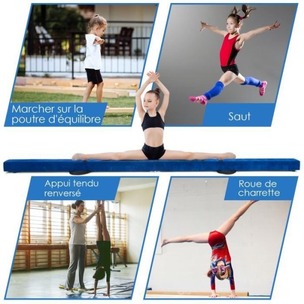 COSTWAY hopfällbar gymnastikbalk 210 cm för barn med bärhandtag 4 halkskydd Blå mockaöverdrag